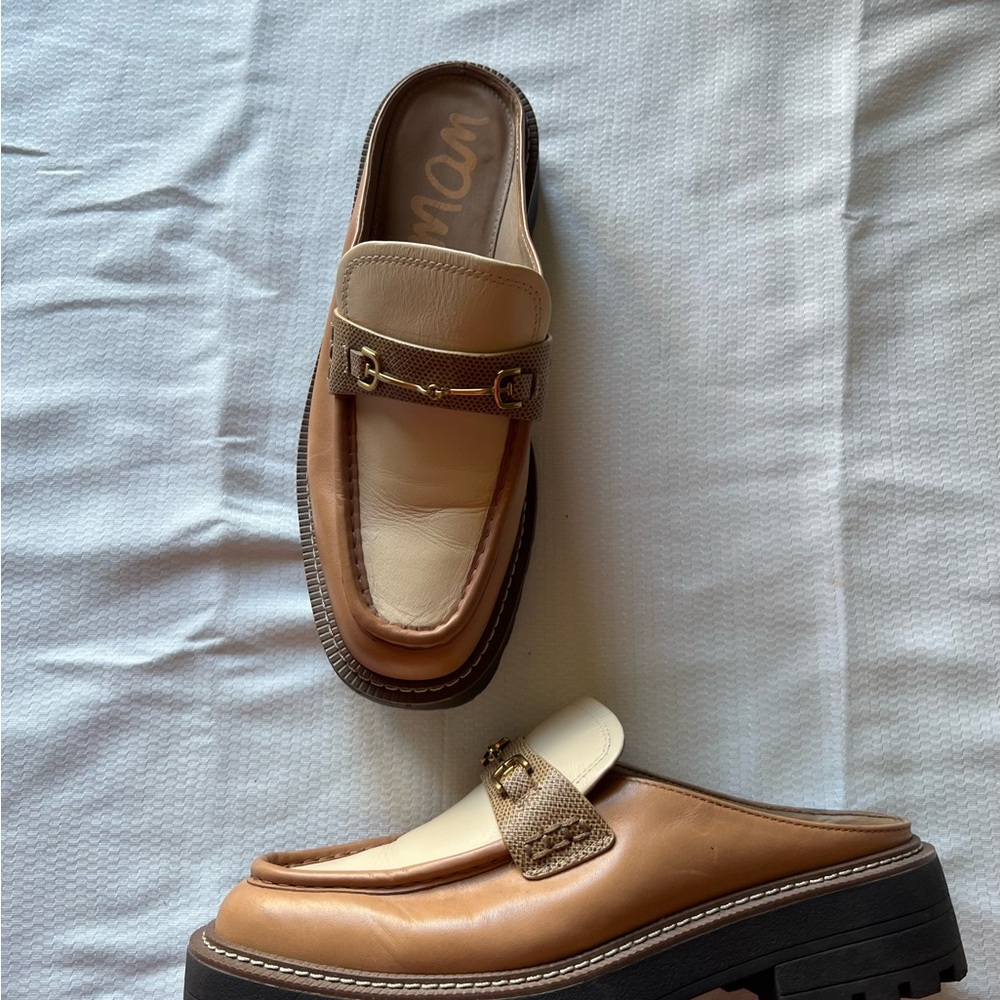 Sam Edelman Two-Tone Cream and Brown Leather Backless Loafers - Picture 4 of 12